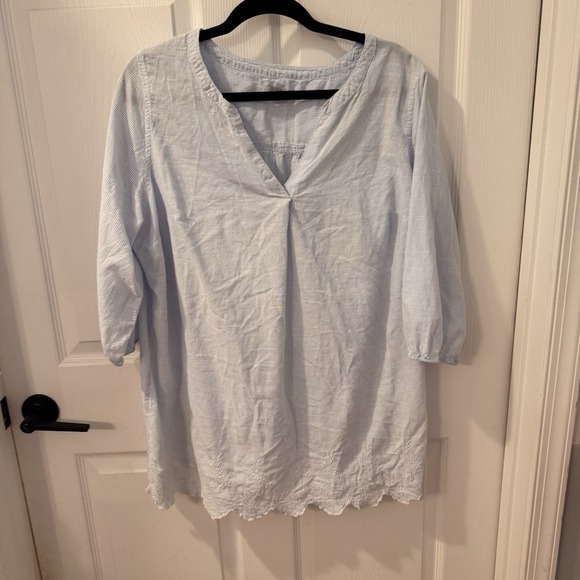 CROFT & BARROW TUNIC 3/4 SLeeve FLORAL EMBROIDERY Blue WHITE Stripe‎ TOP 1X - Picture 1 of 8